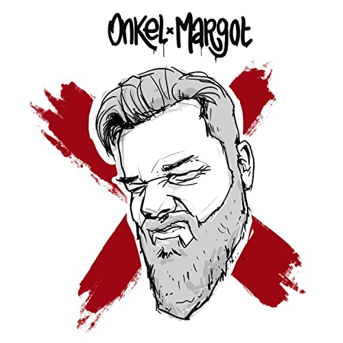 Das gezeichnete Logo von der Band Onkel Margot. Es zeigt den Kopf von Onkel Margot mit seinem Vollbart in Graustufen auf einem roten X