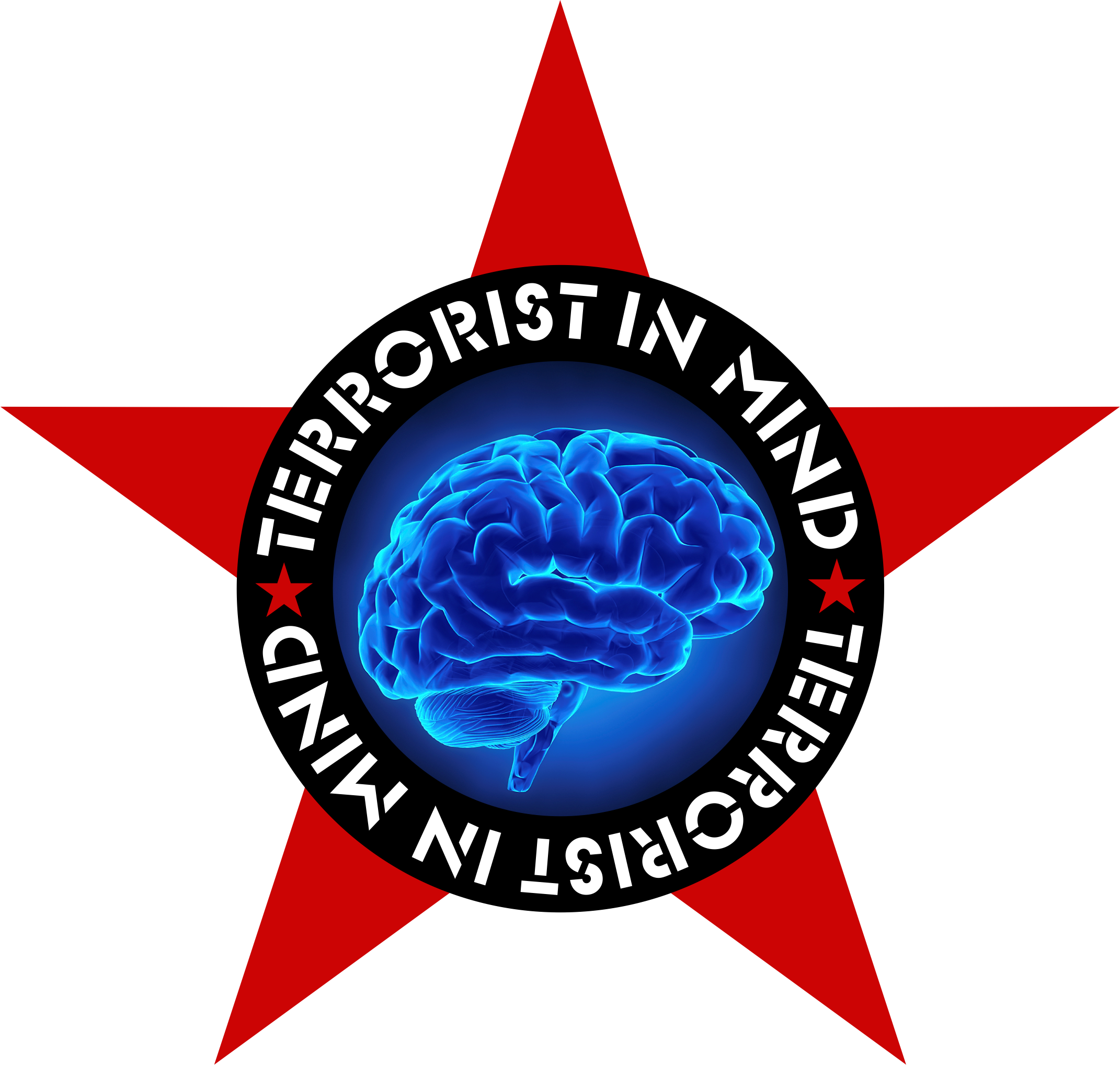 Rundes Logo von Terrorist in Mind. Es ist ein roter Stern zu sehen, mit einem schwarzen Kreis darüber in dem Terrorist in Mind steht. In der Mitte des Kreises sieht man ein blau leuchtendes Gehirn