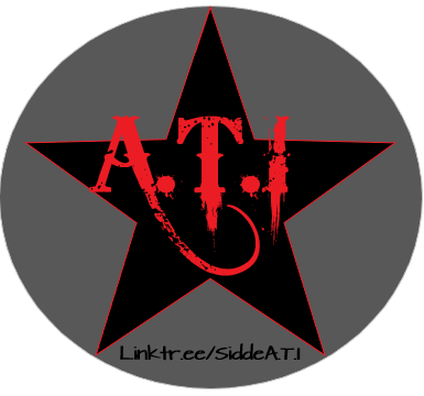 Rundes Logo der Band A.T.I. Der rote Schriftzug A.T.I. in einem schwarzen Stern auf grauem Hintergrund
