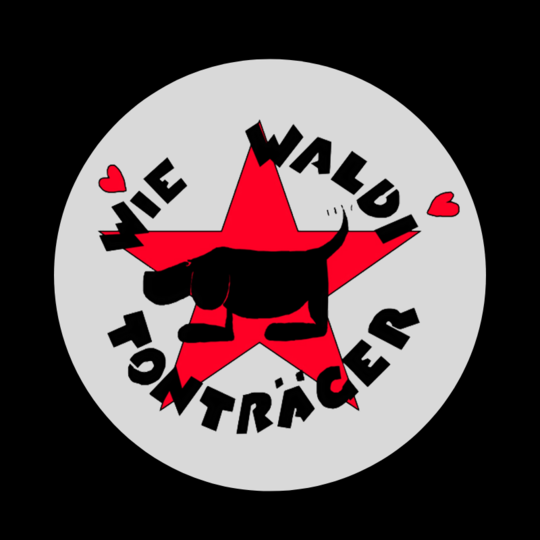 Logo von Wiewaldi Tonträger. Zu sehen ist ein weißer Kreis mit einem roten Stern und einem schwarzen Hund über dem Stern. Die i-Punkte sind rote Herzen